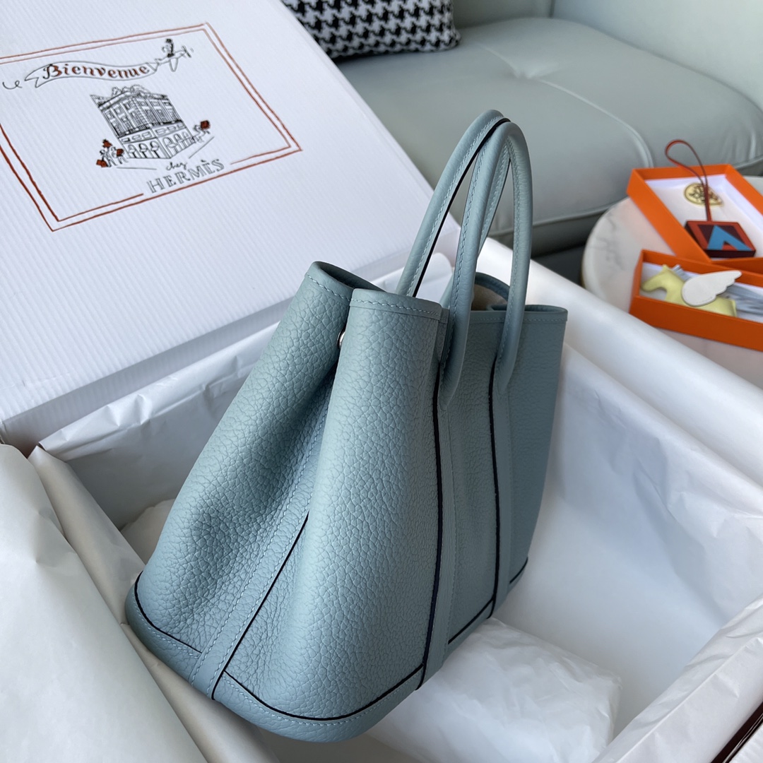 Hermes Garden Party 36cm Tote Handbag In Sky Blue Clemence Leather